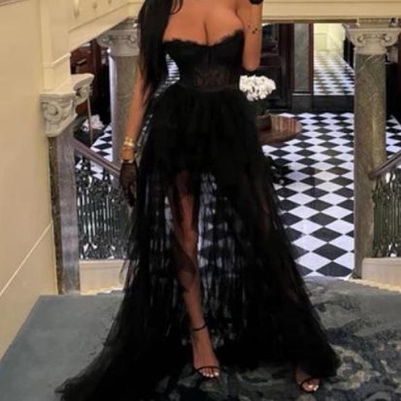 black strapless corset lace tulle mesh maxi dress with slit - Picture 3 of 6